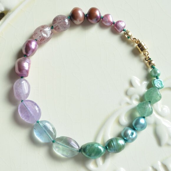 Hand Knotted Gemstone and Pearl Bracelet - Hand Made in Canada - Picture 3 of 9